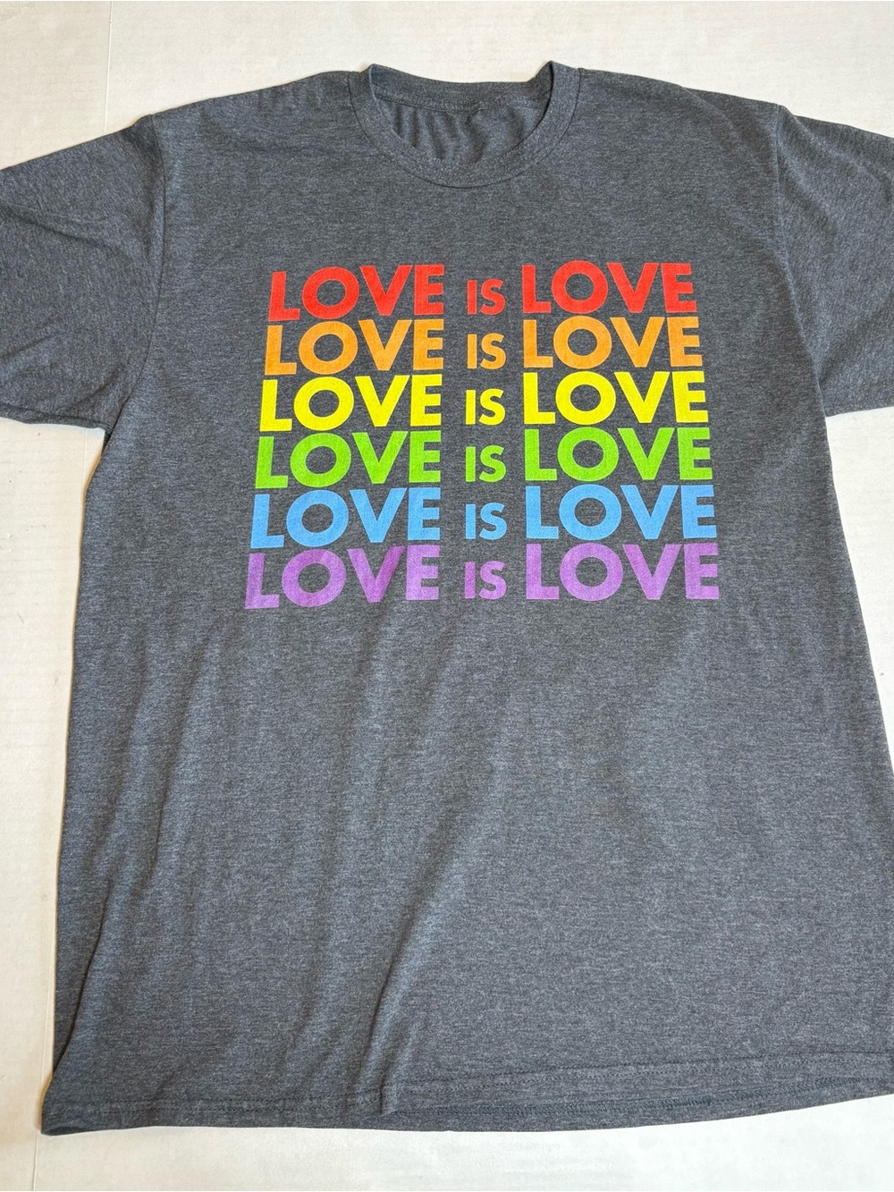 Graphic 'Love Is Love' Short Sleeve Tee - Dark Gray Rainbow Print T Shirt